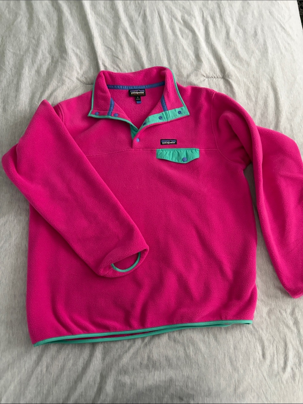 Patagonia Hot Pink Fleece Pullover with Teal Trim
